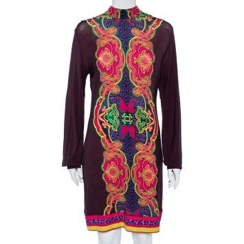 Pre Owned Just Cavalli Brown Printed Wool Knit Shift Dress L
