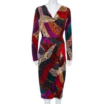 Pre Owned Just Cavalli Multicolor Animal Printed Jersey Faux Wrap Midi Dress  L