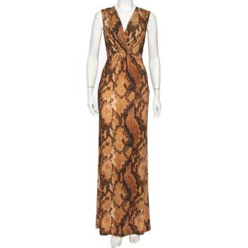 Pre Owned Just Cavalli Brown Snakeskin Printed Jersey Faux Wrap Sleeveless Maxi Dress M