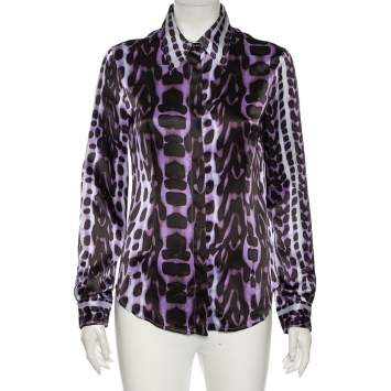 Pre Owned Just Cavalli Purple Leopard Print Silk Button Front Shirt M