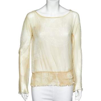 Pre Owned Just Cavalli Pale Yellow Printed Crepe Elasticized Hem Blouse M