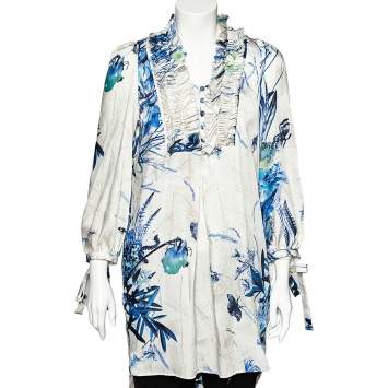 Pre Owned Just Cavalli White Floral Printed Ruffle Neck Detail Tunic M