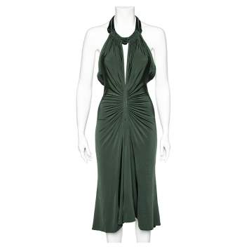 Pre Owned Just Cavalli Forest Green Jersey Ruched Halter Neck Midi Dress S