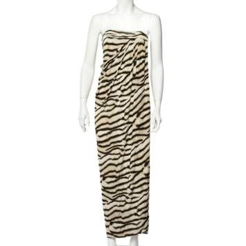 Pre Owned Just Cavalli Beige Animal Striped Jersey Draped Strapless Dress S