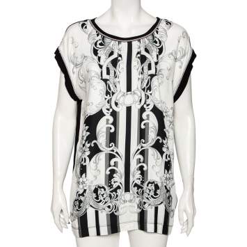 Pre Owned Just Cavalli Black Abstract Printed Knit Paneled Chain Detail T-Shirt L 