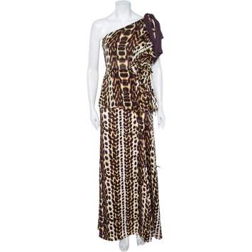 Pre Owned Just Cavalli Brown Animal Printed Satin & Georgette One Shoulder Top And Midi Skirt Set L