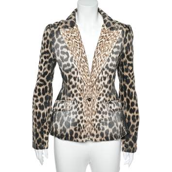 Pre Owned Just Cavalli Brown Animal Printed Denim Button Front Blazer S