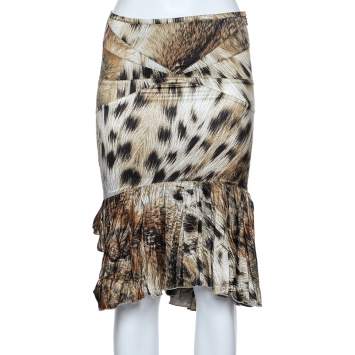 Pre Owned Just Cavalli Brown Animal Printed Satin Ruffled Hem Mini Skirt S