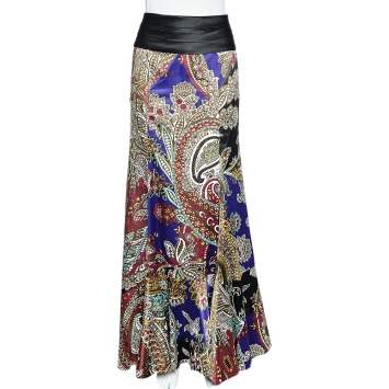 Pre Owned Just Cavalli Multicolor Printed Satin Ruffle Detail Maxi Skirt S