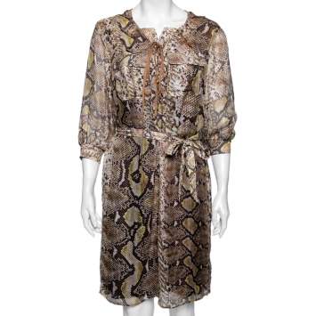 Pre Owned Just Cavalli Brown Animal Print Silk Knit Lace-Up Detail Belted Dress M