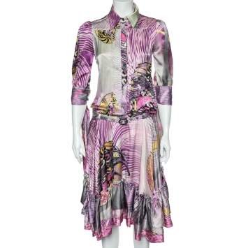 Pre Owned Just Cavalli Multicolor Printed Silk Belted Ruffled Hem Dress S