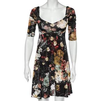 Pre Owned Just Cavalli Black Floral Printed Jersey Ruched Sleeve Detail Mini Dress S
