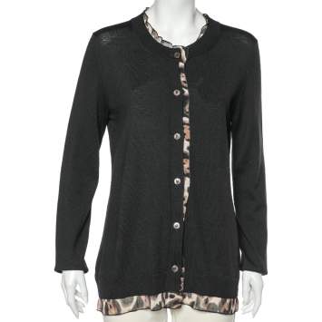 Pre Owned Just Cavalli Black Wool Knit Animal Printed Trim Cardigan XL