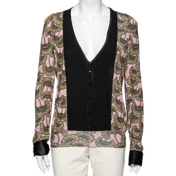 Pre Owned Just Cavalli Pink & Gold Printed Jersey Pintuck Detailed Top L