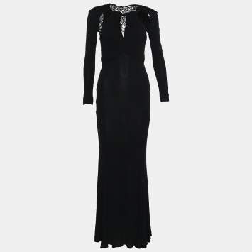Pre Owned Just Cavalli Black Jersey Lace Panel Long Sleeve Flared Hem Dress S