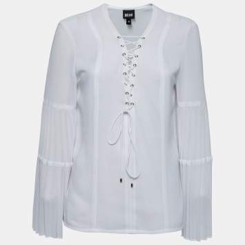 Pre Owned Just Cavalli White Crepe Lace-Up Detail Flute Sleeve Blouse M