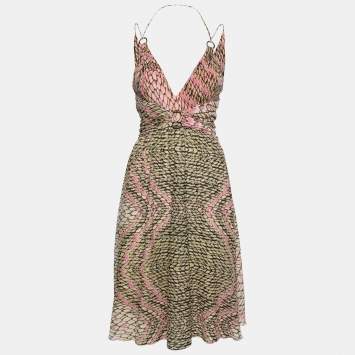 Pre Owned Just Cavalli Vintage Yellow & Pink Snake Print Silk Chiffon Sleeveless Dress M