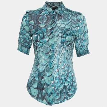 Pre Owned Just Cavalli Vintage Blue Printed Silk Button Front Short Sleeve Shirt M