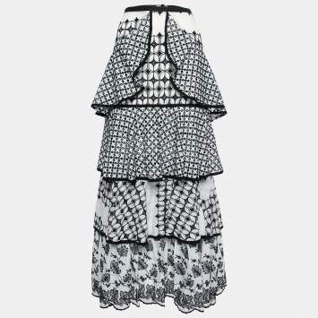 Pre Owned Just Cavalli Monochrome Embroidered Eyelet Cotton Tiered Maxi Skirt M