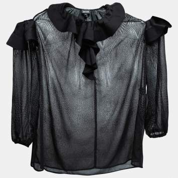 Pre Owned Just Cavalli Black Printed Chiffon Ruffle Trimmed Cold Shoulder Blouse M