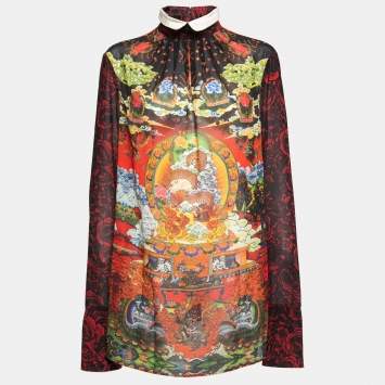 Pre Owned Just Cavalli Red Printed Silk Long Sleeve Blouse L