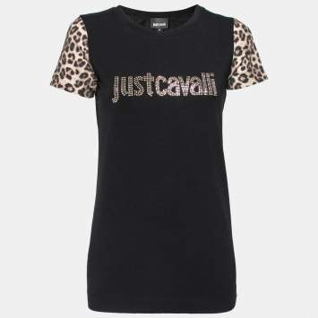 Pre Owned Just Cavalli Black Logo Embellished Cotton Contrast Sleeve T-Shirt M