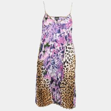 Pre Owned Just Cavalli Purple Multicolor Abstract Animal Print Chiffon Pleated Mini Dress M