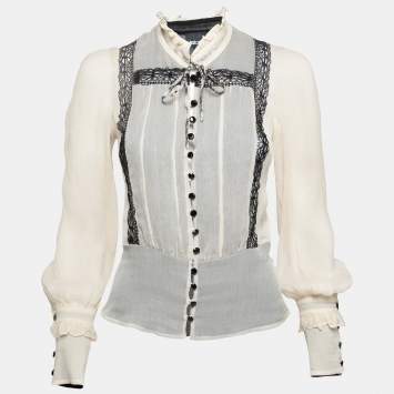 Pre Owned Just Cavalli Cream Silk Chiffon Lace Inset Ruffle Trimmed Blouse S
