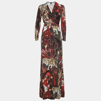 Pre Owned Just Cavalli Multicolor Printed Jersey Faux Wrap Maxi Dress S