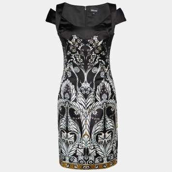 Pre Owned Just Cavalli Black Printed Satin Cutout Off Shoulder Mini Dress S