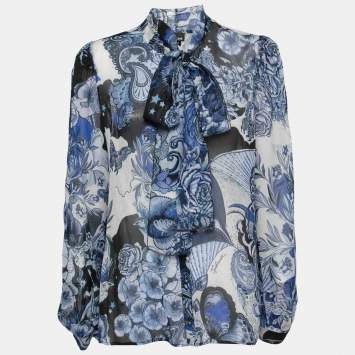 Pre Owned Just Cavalli Blue Floral Printed Chiffon Tie-Neck Blouse L