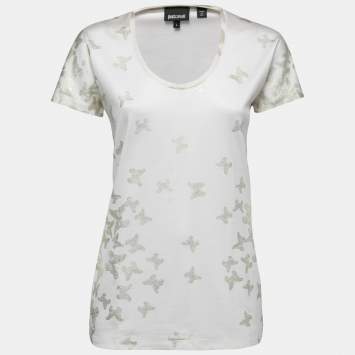 Pre Owned Just Cavalli Ivory Butterfly Foil Print Knit Scoop Neck Top L