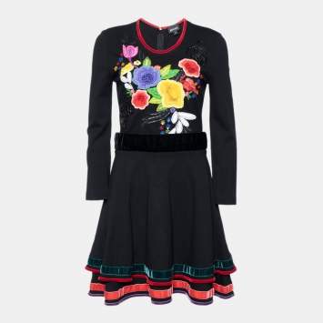 Pre Owned Just Cavalli Black Floral Embroidered Knit Midi Dress M