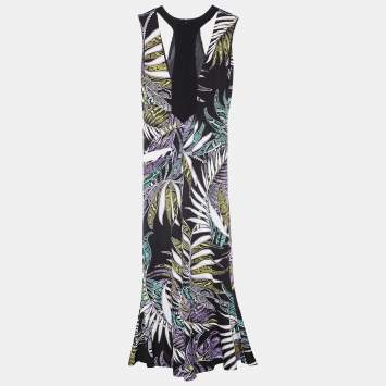 Pre Owned Just Cavalli Black Leaf Print Jersey Cut Out Detail Maxi Dress L