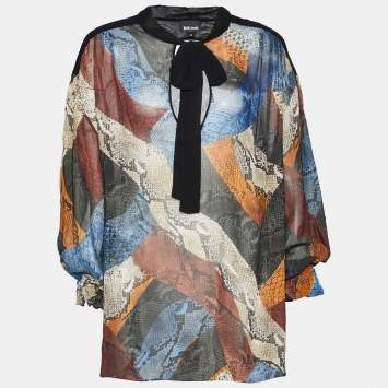 Pre Owned Just Cavalli Multicolour Animal Printed Chiffon  Tie Neck Blouse M
