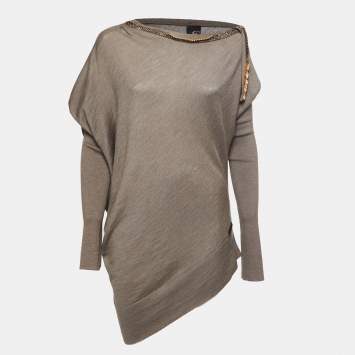 Pre Owned Just Cavalli Light Brown Beaded Detail Knit Asymmetrical Sweater M