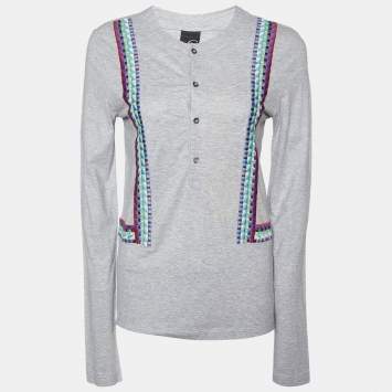 Pre Owned Just Cavalli Grey Embroidered Cotton Knit Button Front Round Neck T-Shirt L