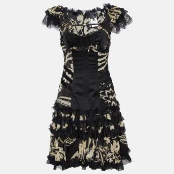 Pre Owned Just Cavalli Black Floral Printed Silk Ruffled Corset Detail Mini Dress S