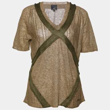 Pre Owned Just Cavalli Brown Linen Knit Contrast Trim Detail T-Shirt XL