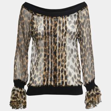 Pre Owned Just Cavalli Black/Brown Animal Printed Silk Off-Shoulder Top M