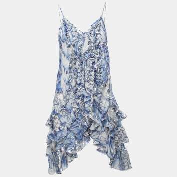 Pre Owned Just Cavalli Blue Printed Silk Strappy Open Back Ruffled Mini Dress M
