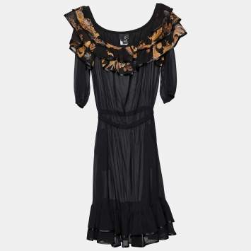 Pre Owned Just Cavalli Black Printed Silk Tiered Midi Dress M