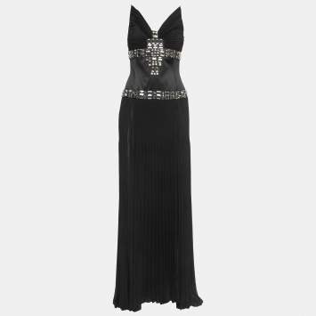 Pre Owned Just Cavalli Black Crystals Embellished Silk Pleated Strappy Long Dress M