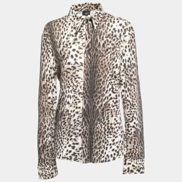 Pre Owned Just Cavalli Beige Leopard Print Knit Button Front Full Sleeve Shirt XL