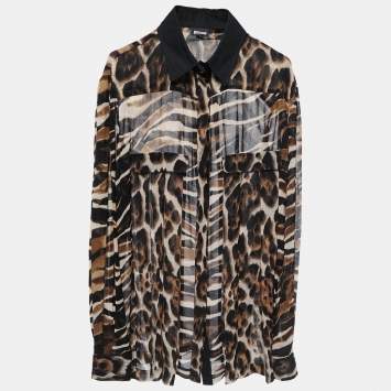 Pre Owned Just Cavalli Black Animal Print Synthetic Button Front Full Sleeve Shirt Blouse XL