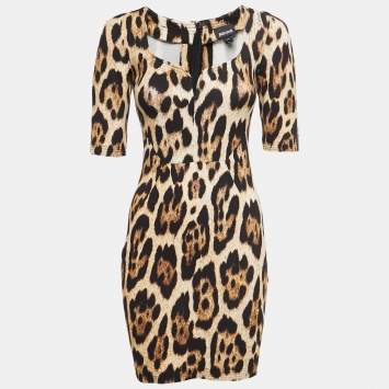 Pre Owned Just Cavalli Black Leopard Print Stretch Knit Mini Dress XS