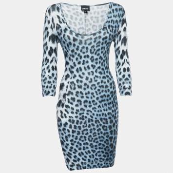 Pre Owned Just Cavalli Blue Leopard Print Knit Long Sleeve Mini Dress XS
