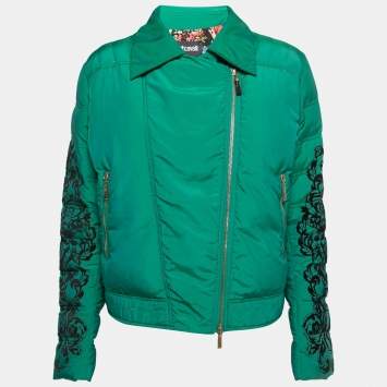 Pre Owned Just Cavalli Green Synthetic Velvet Trim Zip Front Down Jacket L