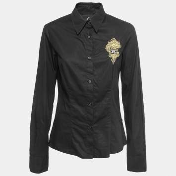 Pre Owned Just Cavalli Black Cotton Logo Crest Embroidered Shirt M