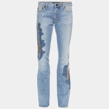 Pre Owned Just Cavalli Blue Denim Rockstud Detail Wide Leg Jeans M